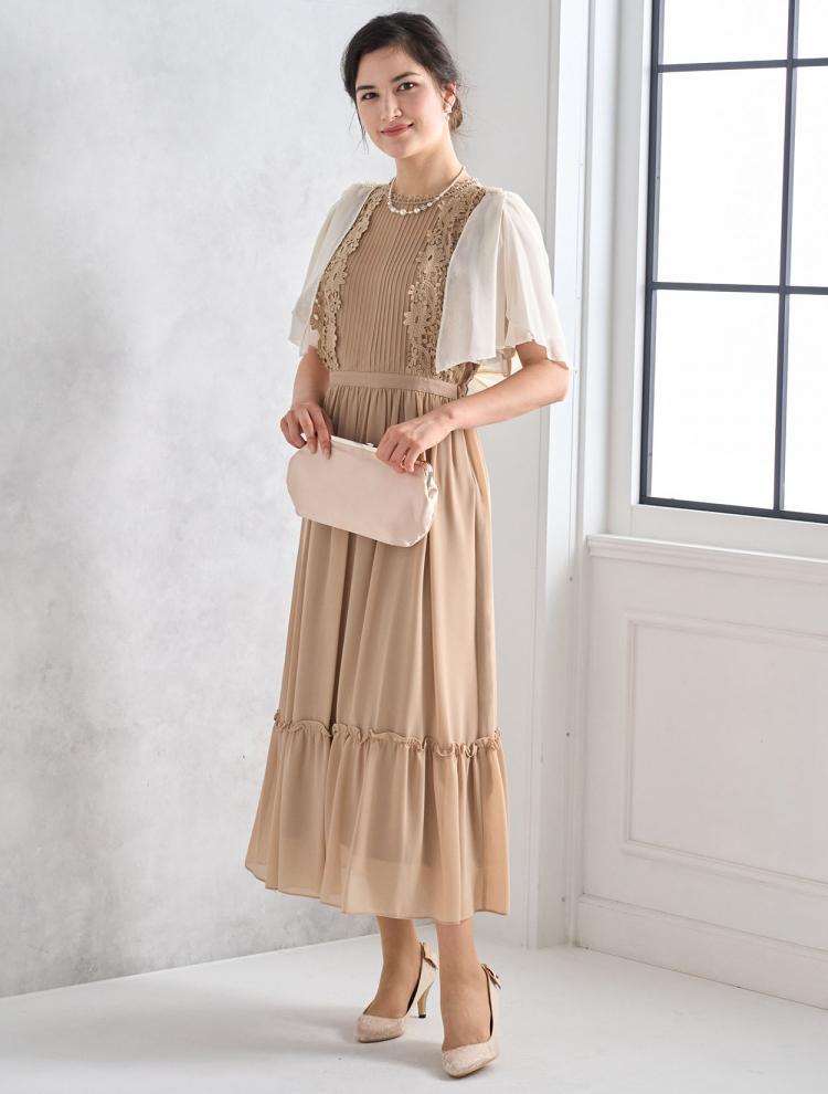 【M】レース×ギャザーシフォンドレス（ベージュ）DPSET0486