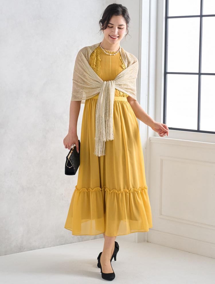 【M】レース×ギャザーシフォンドレス（イエロー）DPSET0487