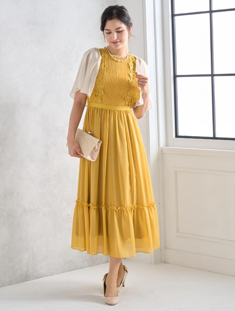 【M】レース×ギャザーシフォンドレス（イエロー）DPSET0488