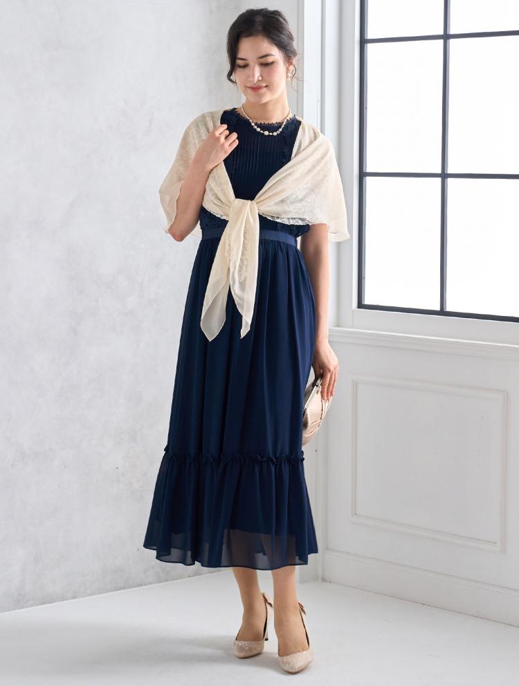 【M】レース×ギャザーシフォンドレス（ネイビー）DPSET0491