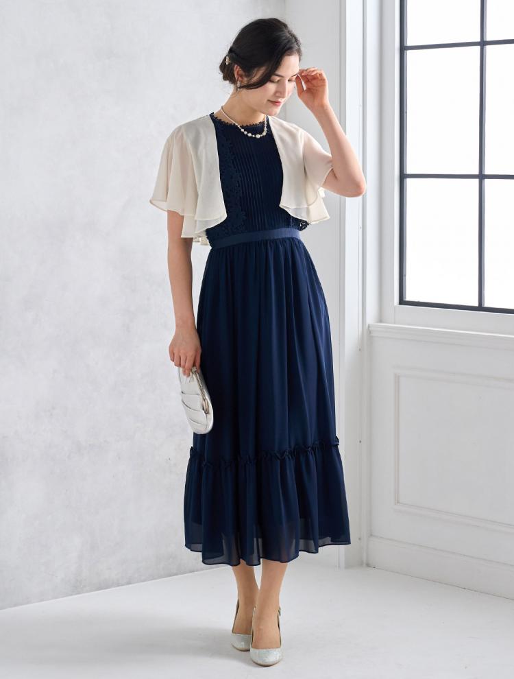 【M】レース×ギャザーシフォンドレス（ネイビー）DPSET0492
