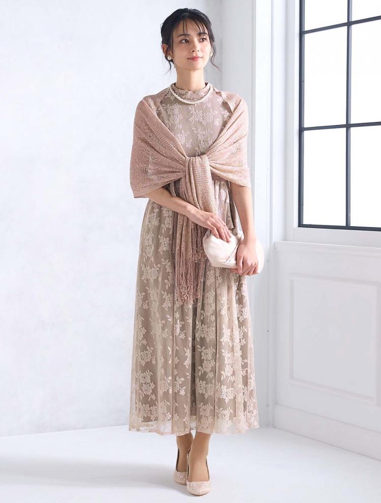 【M】メッシュレース配色ドレス（ベージュ）DPSET0496