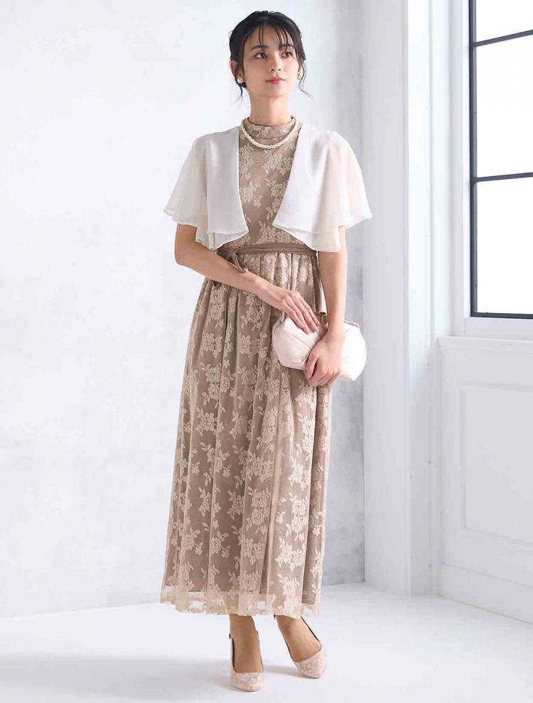 【M】メッシュレース配色ドレス（ベージュ）DPSET0497