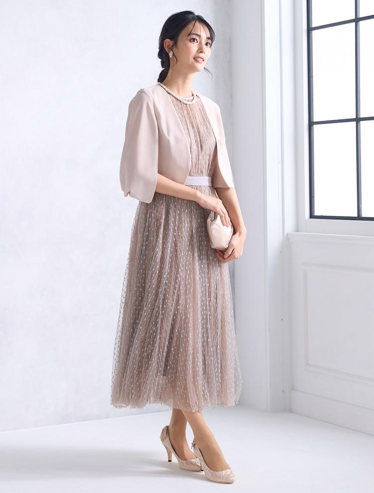 【M】バックリボンドットチュールドレス（ベージュ）DPSET0503