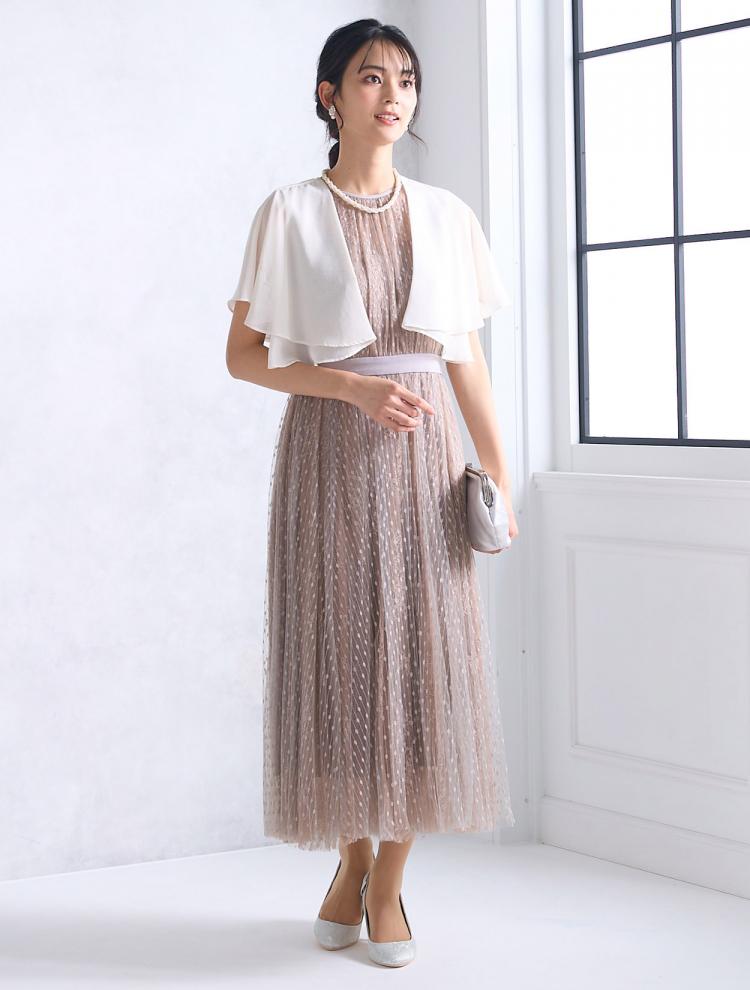 【M】バックリボンドットチュールドレス（ベージュ）DPSET0504