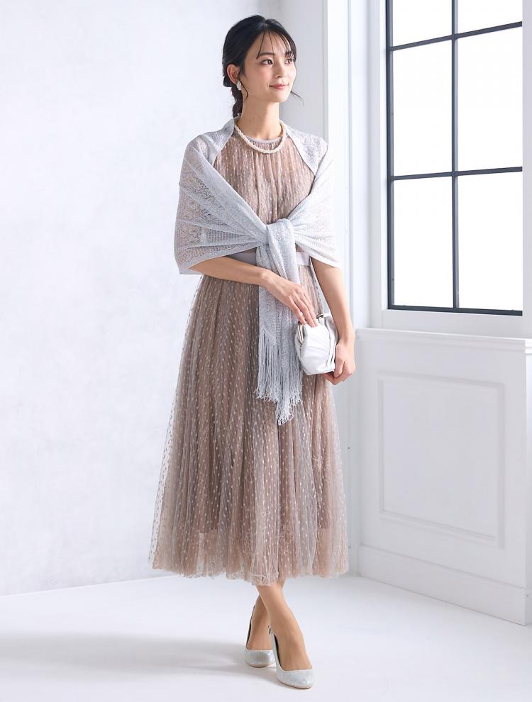 【M】バックリボンドットチュールドレス（ベージュ）DPSET0505