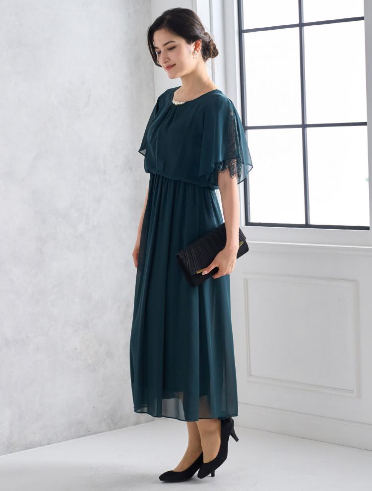 【M/L】袖スリットレースロングドレス（グリーン）DPSET0513