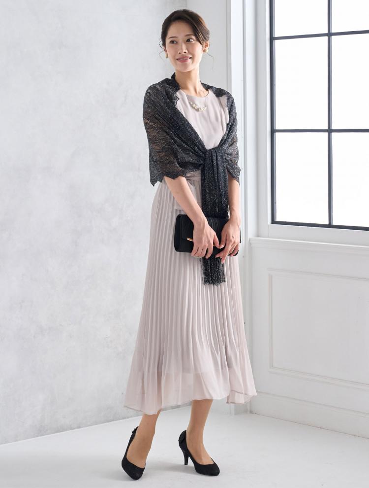 【M/L】ベルト付きプリーツミモレ丈ドレス（グレー）DPSET0515