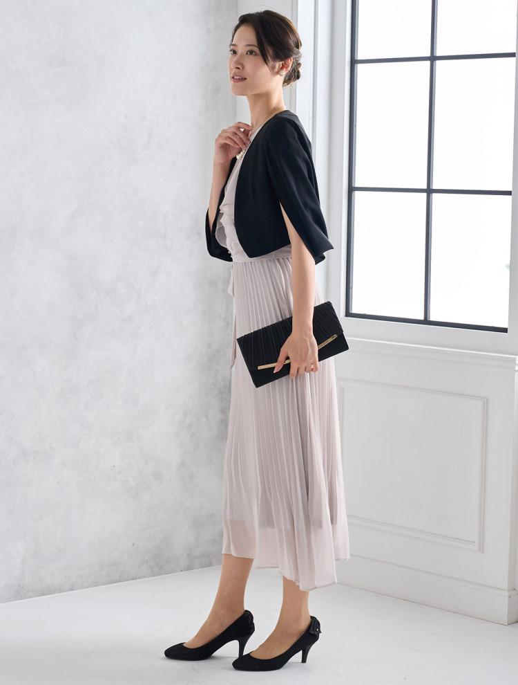 【M/L】ベルト付きプリーツミモレ丈ドレス（グレー）DPSET0516