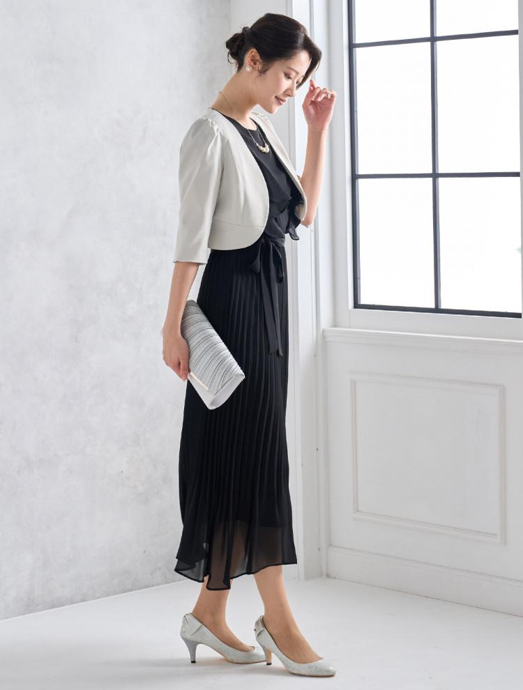【M/L】ベルト付きプリーツミモレ丈ドレス（ブラック）DPSET0518