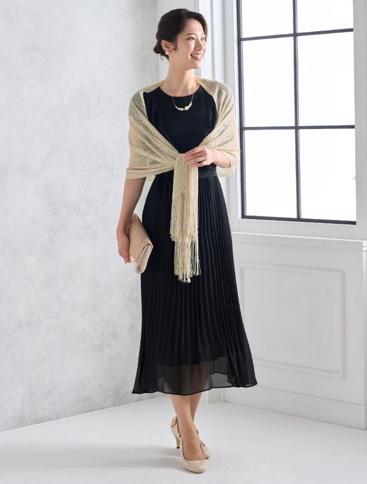 【M/L】ベルト付きプリーツミモレ丈ドレス（ブラック）DPSET0519