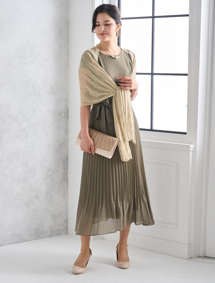 【L】ベルト付きプリーツミモレ丈ドレス（カーキ）DPSET0521