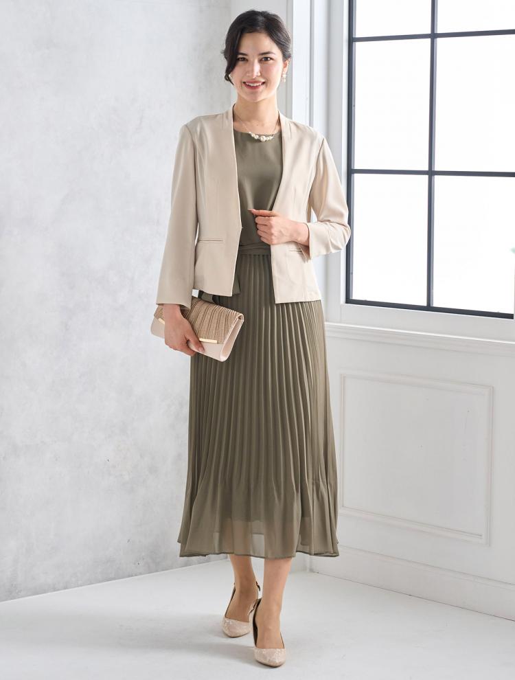 【L】ベルト付きプリーツミモレ丈ドレス（カーキ）DPSET0522