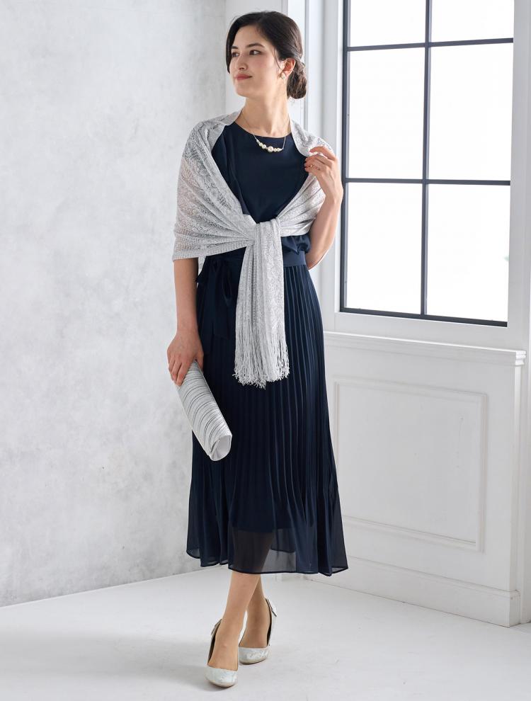 【M/L】ベルト付きプリーツミモレ丈ドレス（ネイビー）DPSET0525