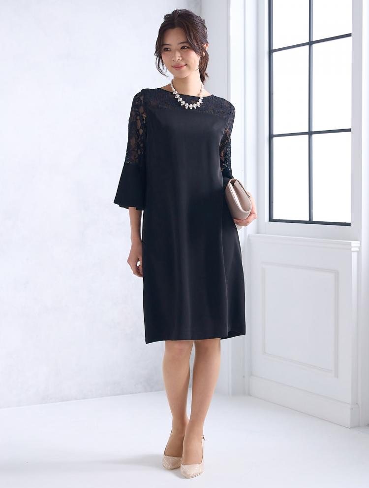 【M/L】フレアスリーブボックスドレス（ブラック）DPSET0531