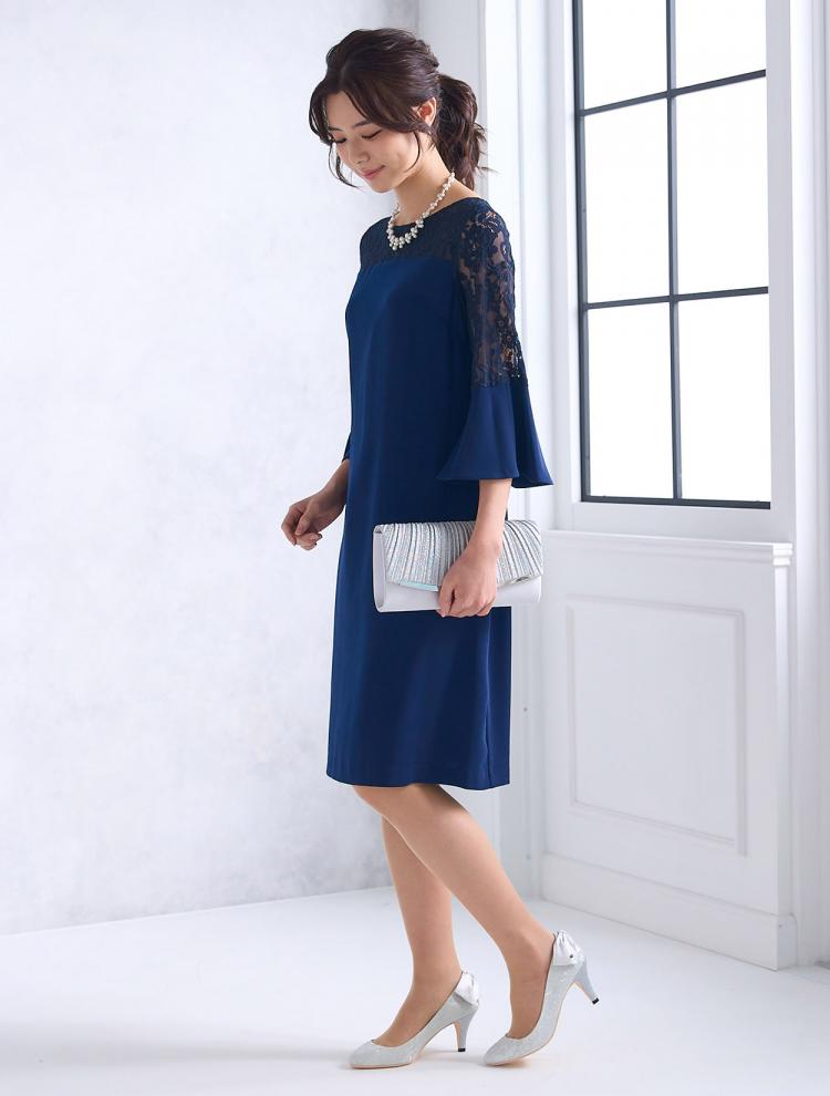 【M/L】フレアスリーブボックスドレス（ネイビー）DPSET0535