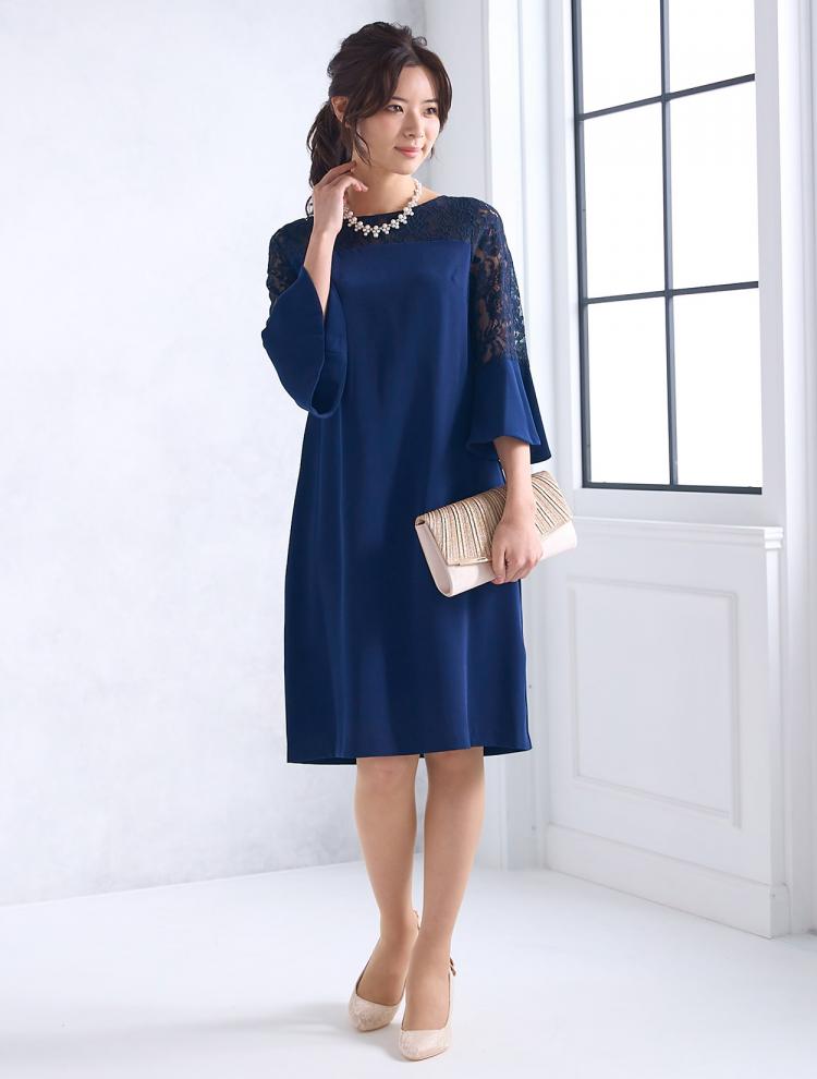 【M/L】フレアスリーブボックスドレス（ネイビー）DPSET0536