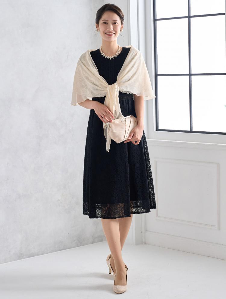 【M】ラッフルスリーブ総レースドレス（ブラック）DPSET0537