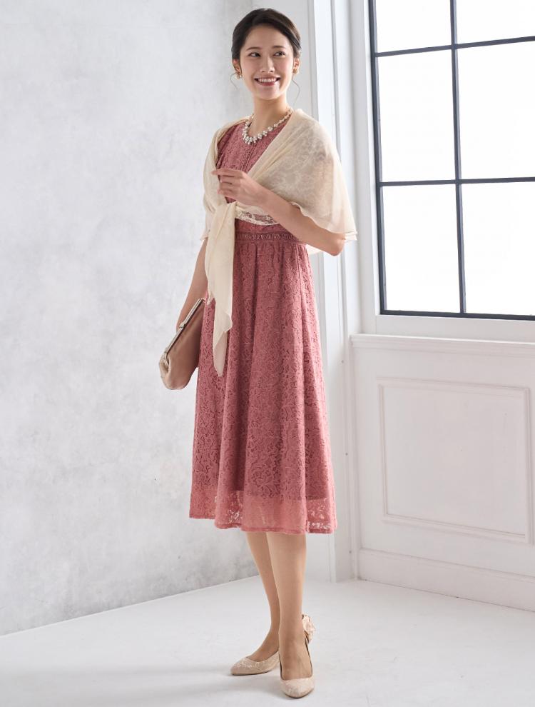 【M】ラッフルスリーブ総レースドレス（ピンク）DPSET0540