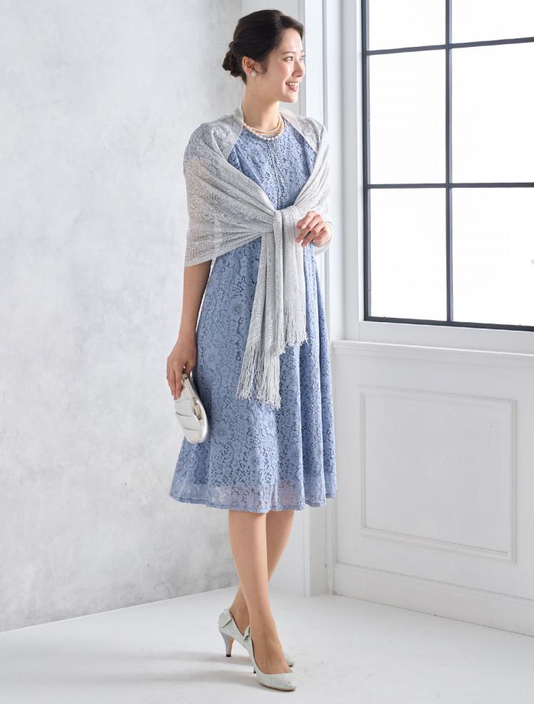 【M】ラッフルスリーブ総レースドレス（サックス）DPSET0542