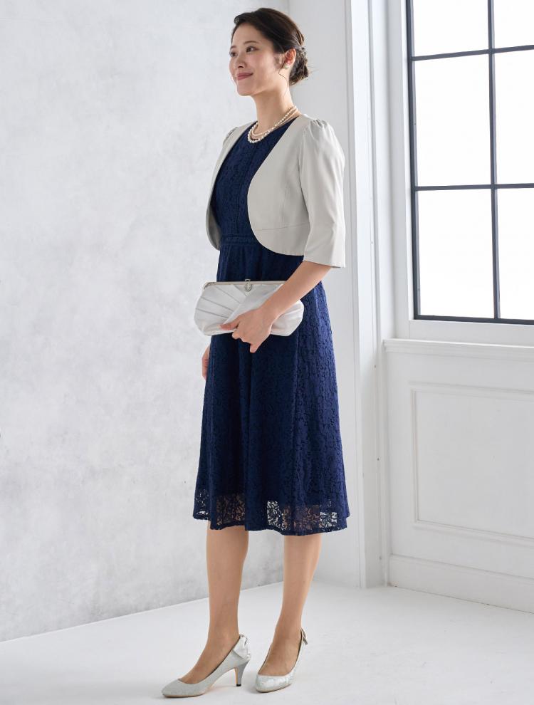 【M】ラッフルスリーブ総レースドレス（ネイビー）DPSET0546