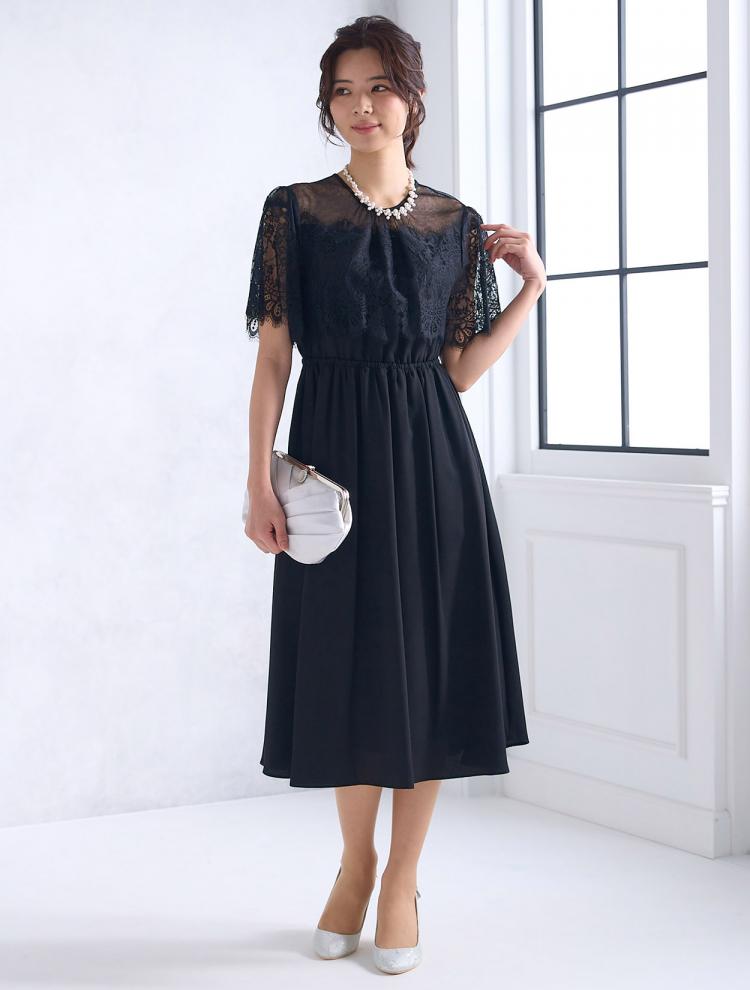 【M】ドットチュールハイウエストドレス（ブラック）DPSET0548