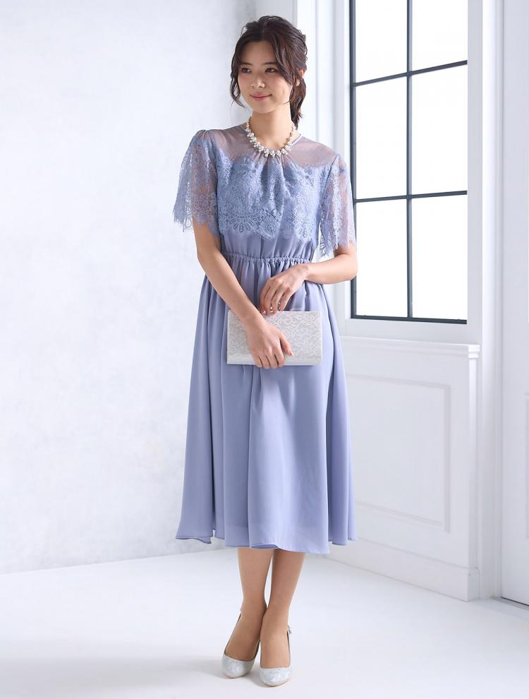 【M】ドットチュールハイウエストドレス（サックス）DPSET0551