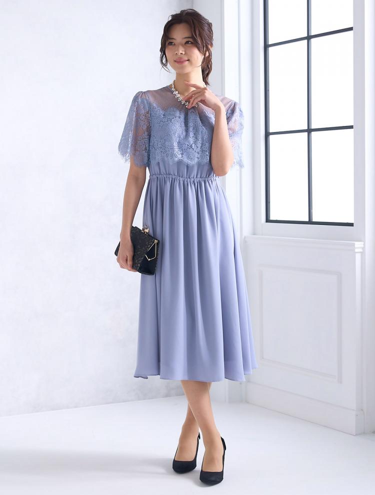 【M】ドットチュールハイウエストドレス（サックス）DPSET0552