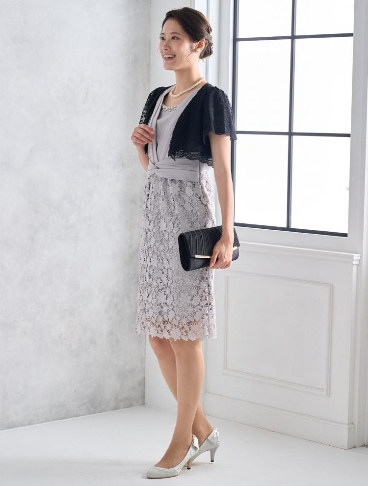 【M】ビジュー付きレーススカートドレス（グレー）DPSET0553