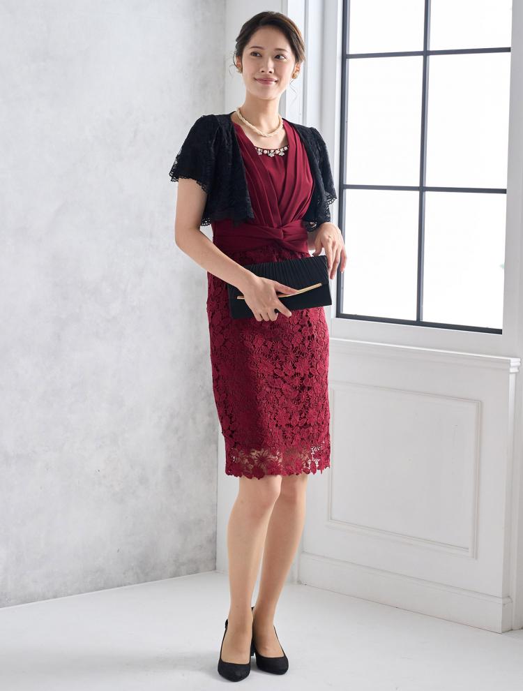 【M】ビジュー付きレーススカートドレス（ボルドー）DPSET0555