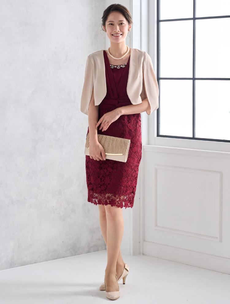 【M】ビジュー付きレーススカートドレス（ボルドー）DPSET0556