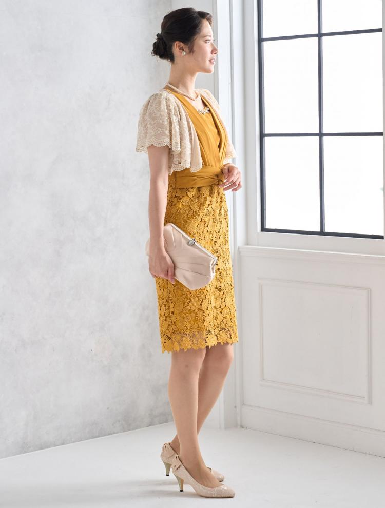 【M】ビジュー付きレーススカートドレス（イエロー）DPSET0557