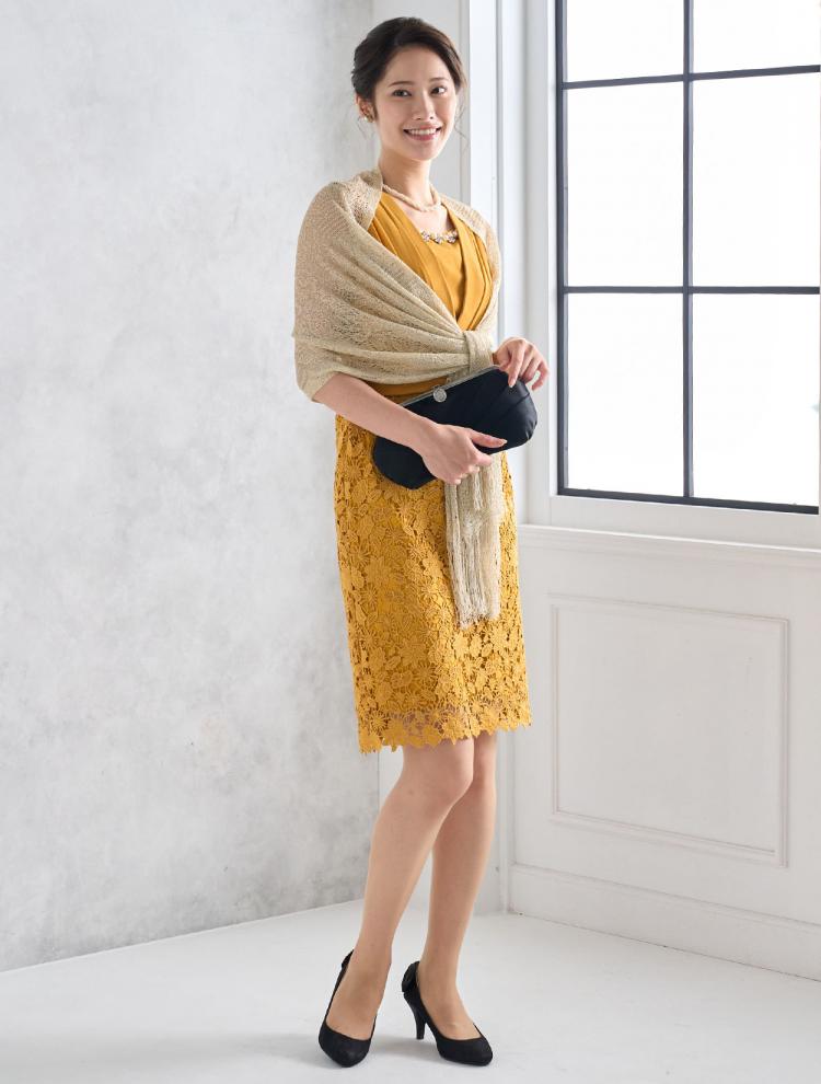 【M】ビジュー付きレーススカートドレス（イエロー）DPSET0558