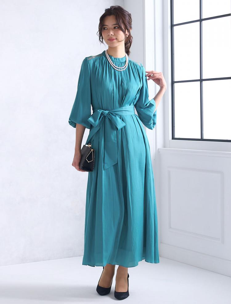 【M～L】サテン×ウエストリボンドレス（ブルー）DPSET0577