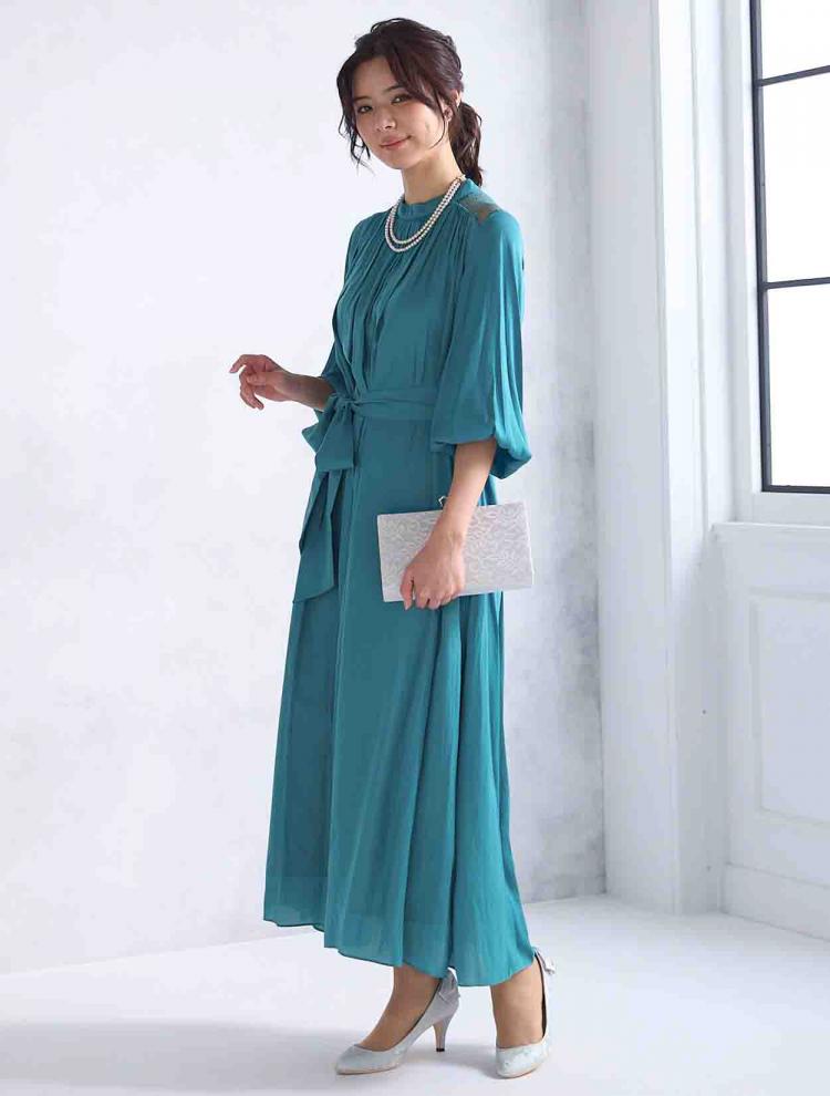 【M～L】サテン×ウエストリボンドレス（ブルー）DPSET0578