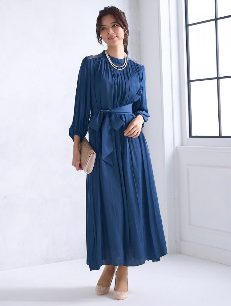 【M～L】サテン×ウエストリボンドレス（ネイビー）DPSET0580