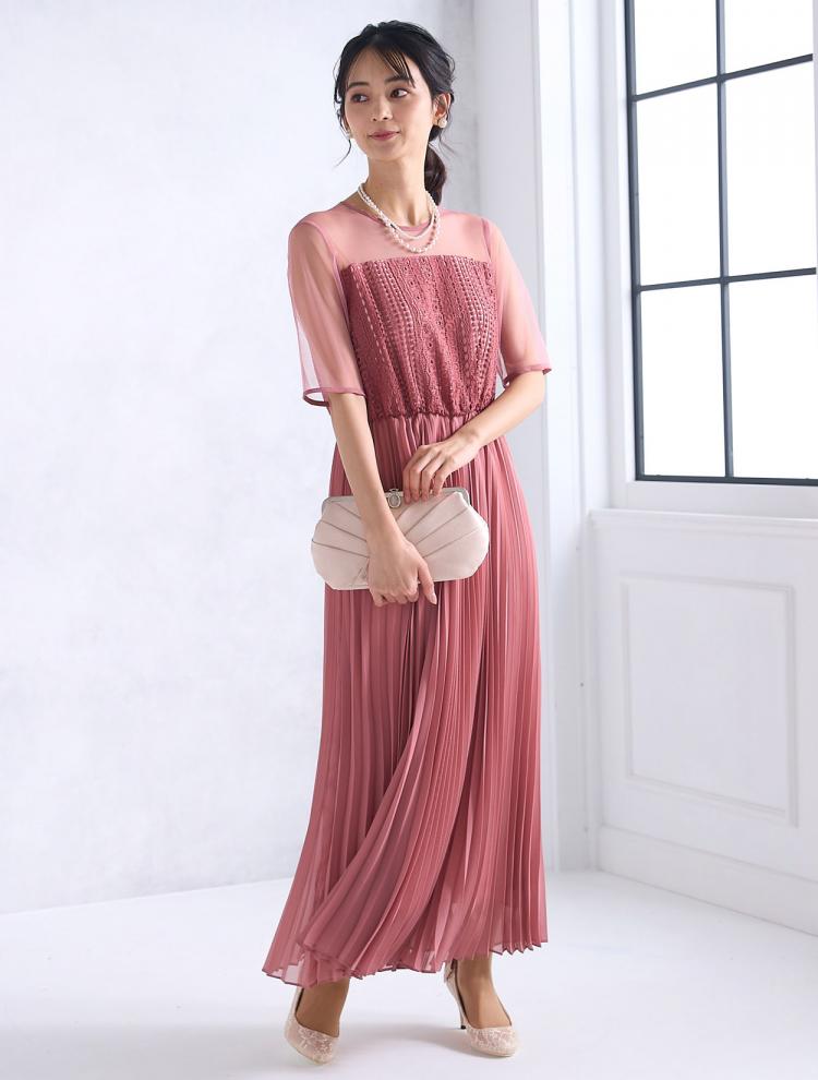 【M】レース切替プリーツドレス（ピンク）DPSET0581