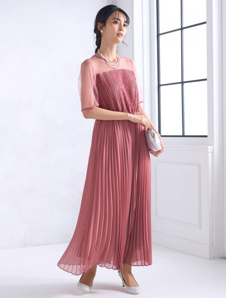 【M】レース切替プリーツドレス（ピンク）DPSET0582