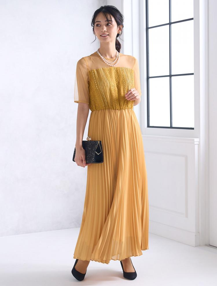 【M】レース切替プリーツドレス（イエロー）DPSET0584