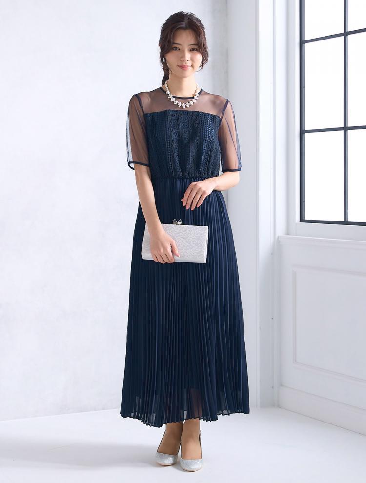 【M】レース切替プリーツドレス（ネイビー）DPSET0585