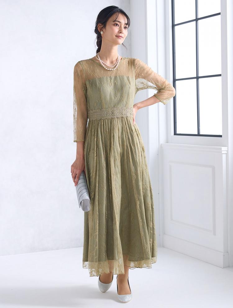 【M】総レースVネックドレス（グリーン）DPSET0587