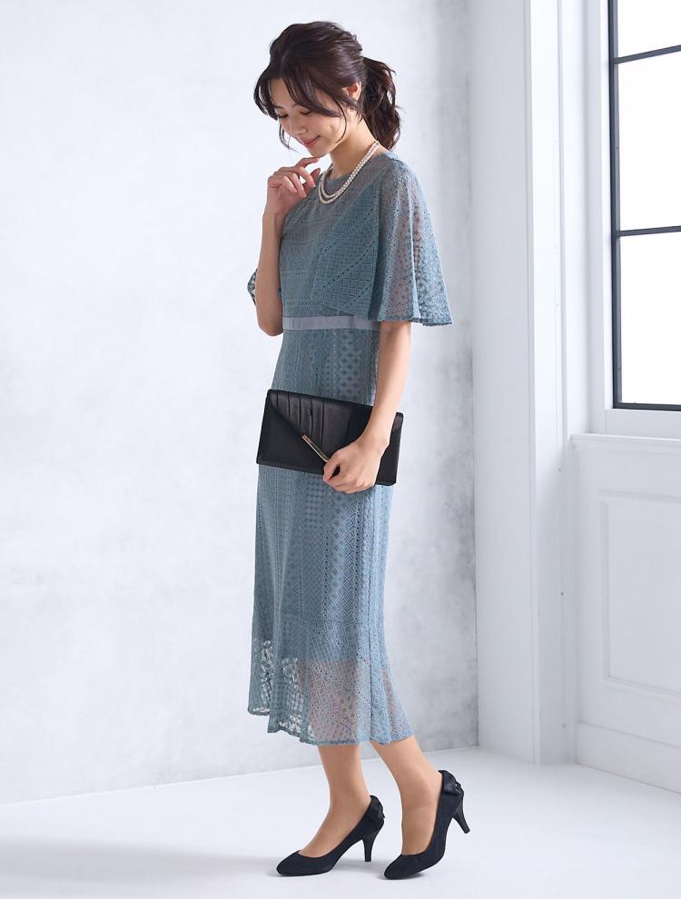 【M】ケープスリーブロング丈ドレス（サックス）DPSET0589