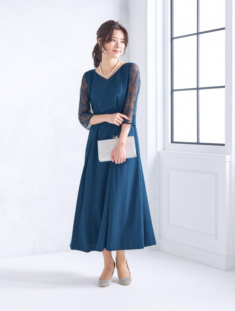 【S/L】Vネックウエストベルトドレス（ブルー）DPSET0591