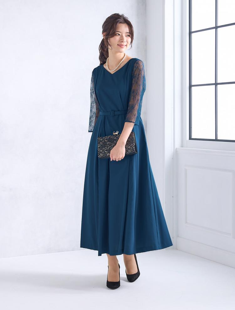 【S/L】Vネックウエストベルトドレス（ブルー）DPSET0592