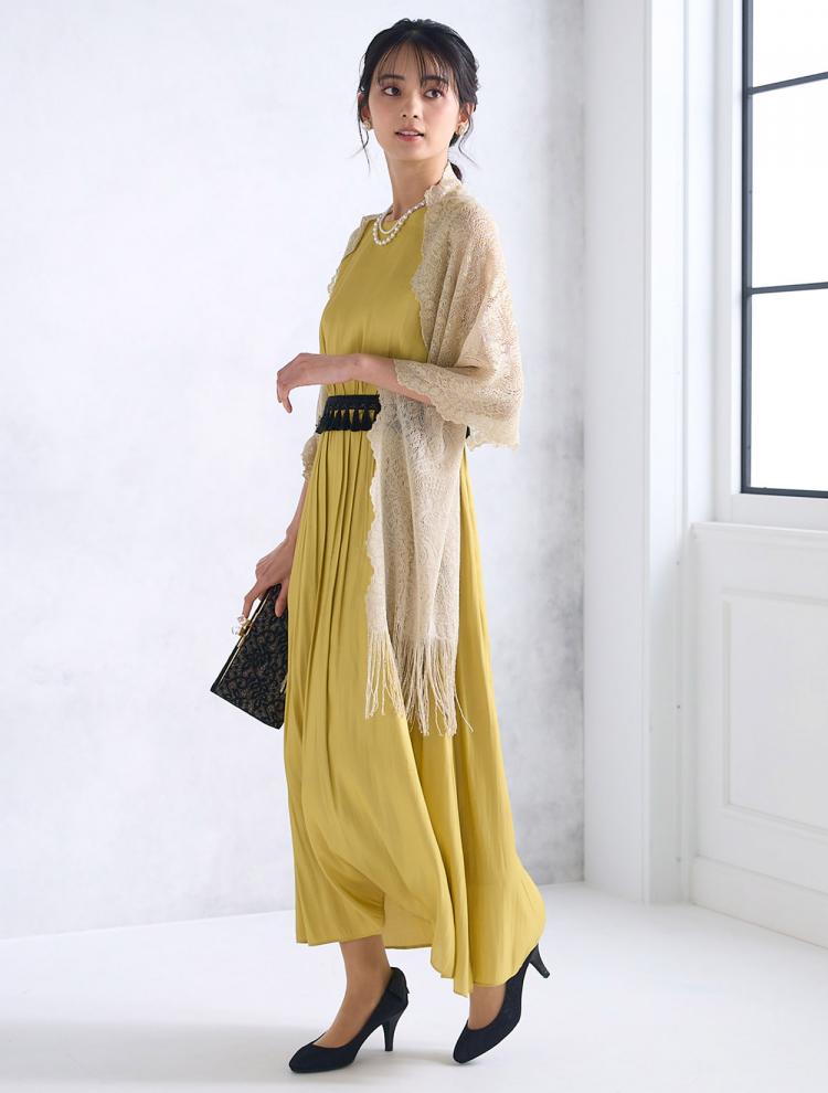 【M】タッセルベルト付きサテンドレス（イエロー）DPSET0593