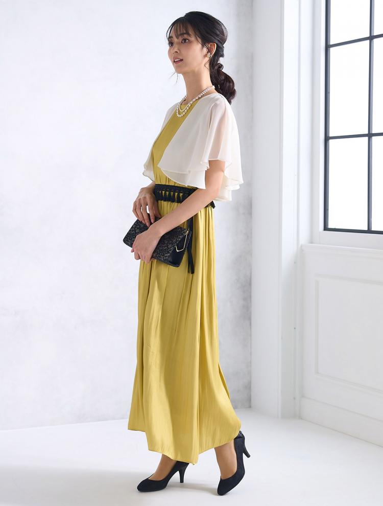 【M】タッセルベルト付きサテンドレス（イエロー）DPSET0594