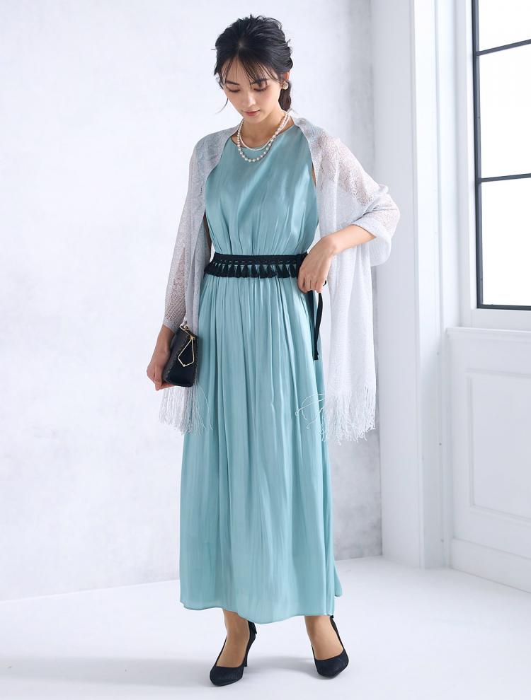 【M】タッセルベルト付きサテンドレス（サックス）DPSET0595