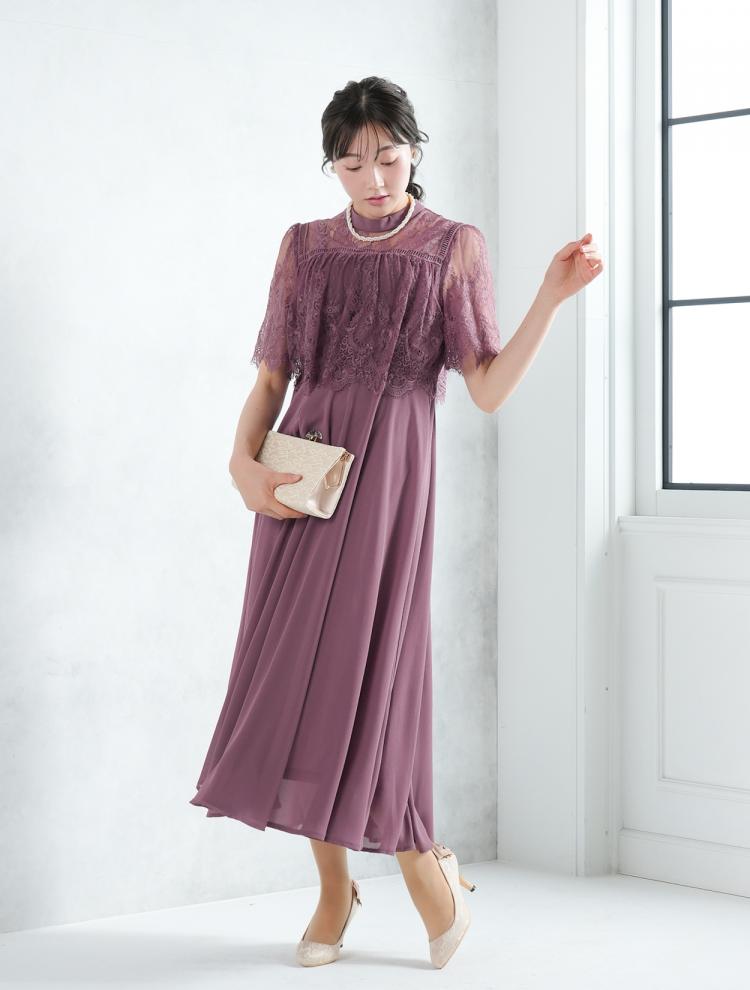 【M】ブラウス風レースロングドレス（ピンク）DPSET0654