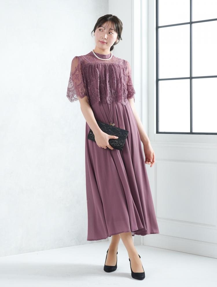 【M】ブラウス風レースロングドレス（ピンク）DPSET0655