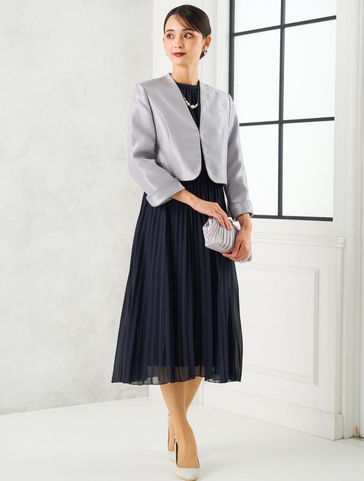 【M】スタンドネックプリーツミモレ丈ドレス（ネイビー）DPSET0679